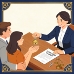 Illustration d'une notaire remettant les clés d'un logement à un couple après la signature de l'acte de vente immobilière.