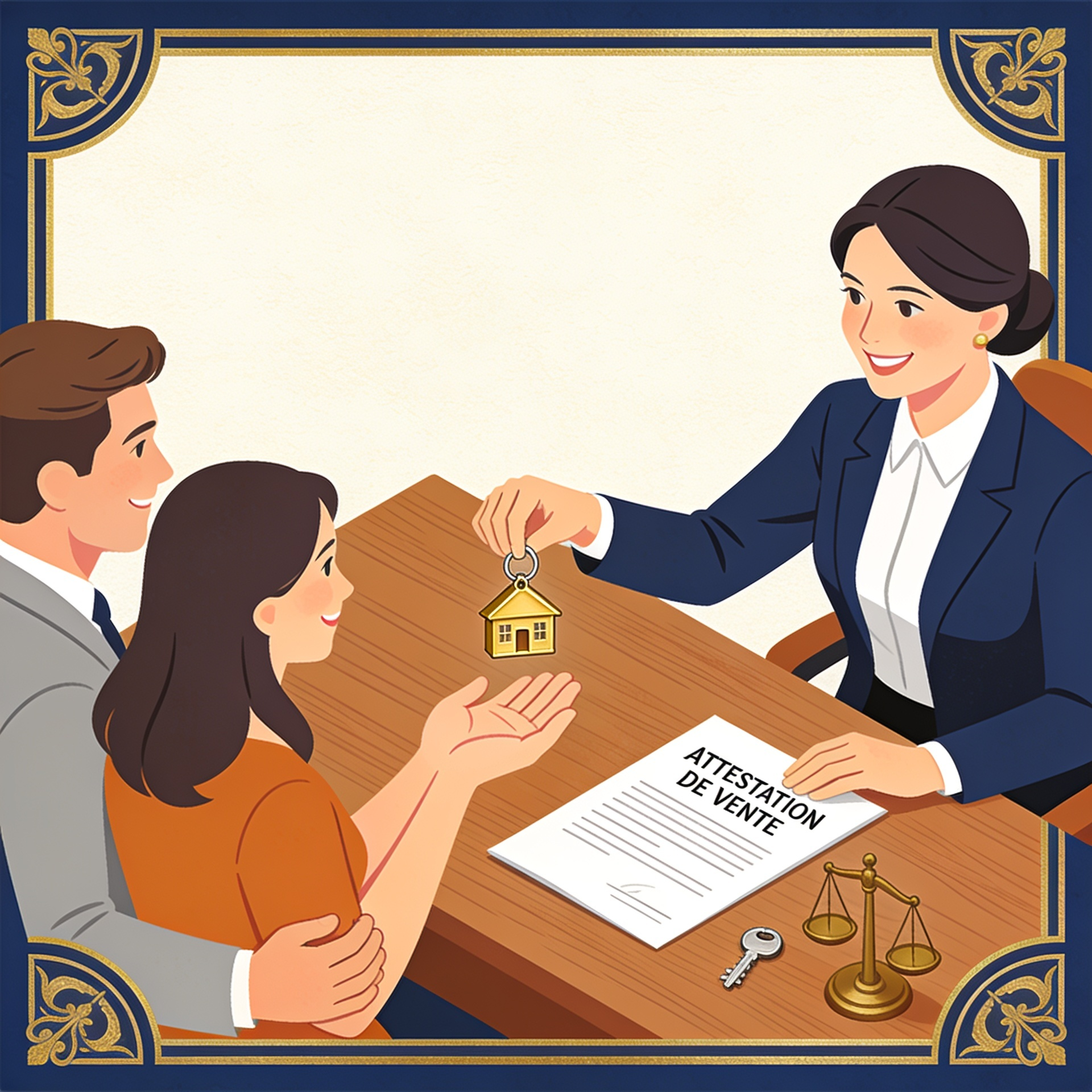 Illustration d'une notaire remettant les clés d'un logement à un couple après la signature de l'acte de vente immobilière.