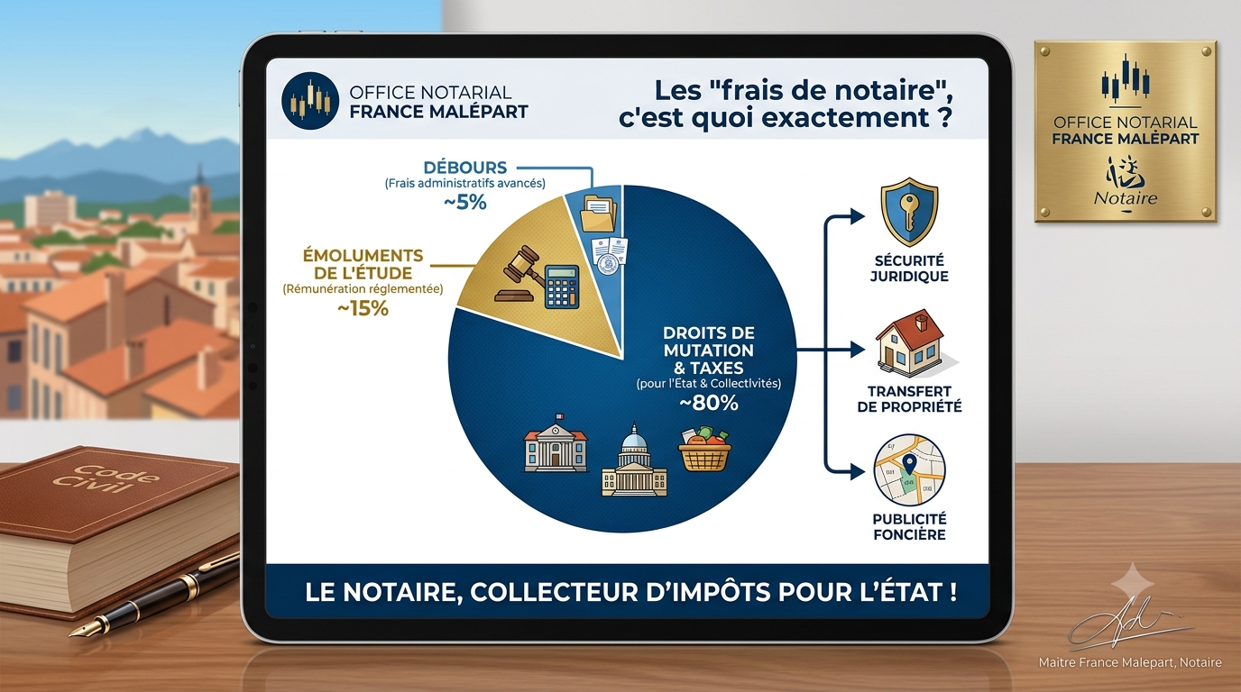 Infographie explicative de la répartition des frais de notaire lors d'un achat immobilier
