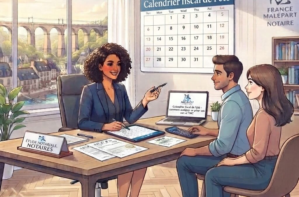 Infographie calendrier fiscal juillet 2026 et échéances impôts étude notaire France Malépart