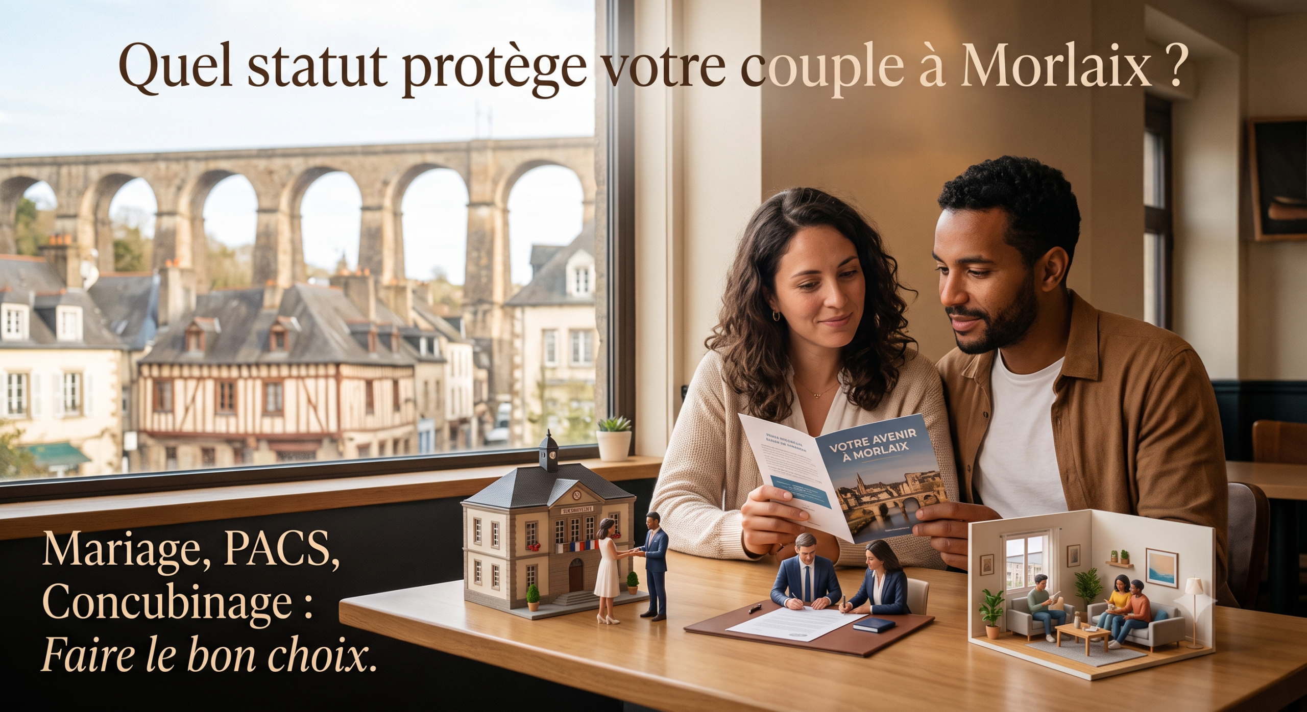 Un couple à Morlaix réfléchissant à la protection de son patrimoine avant un achat immobilier.