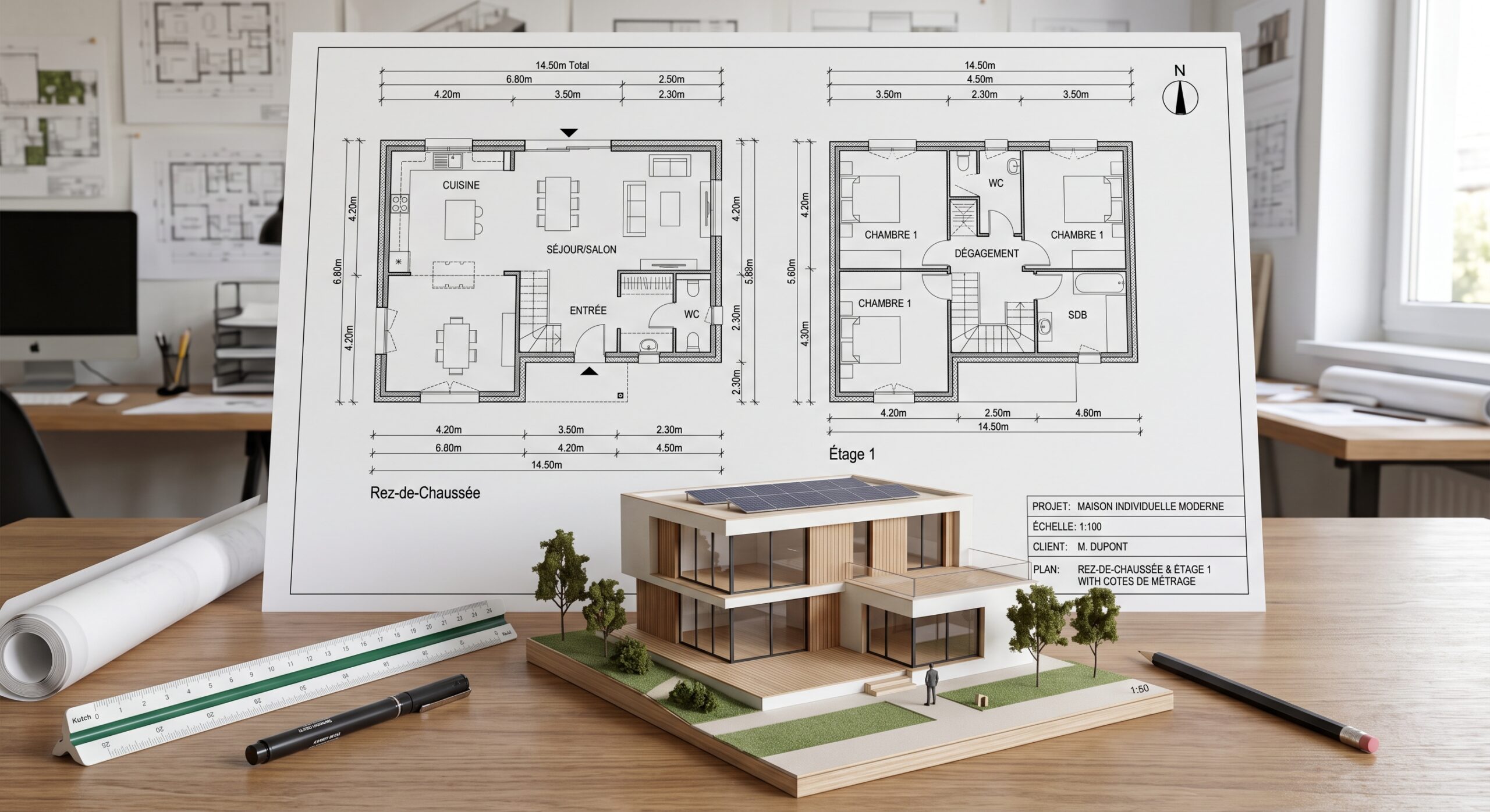 Plan architectural et mesurage de la surface habitable d'une maison individuelle