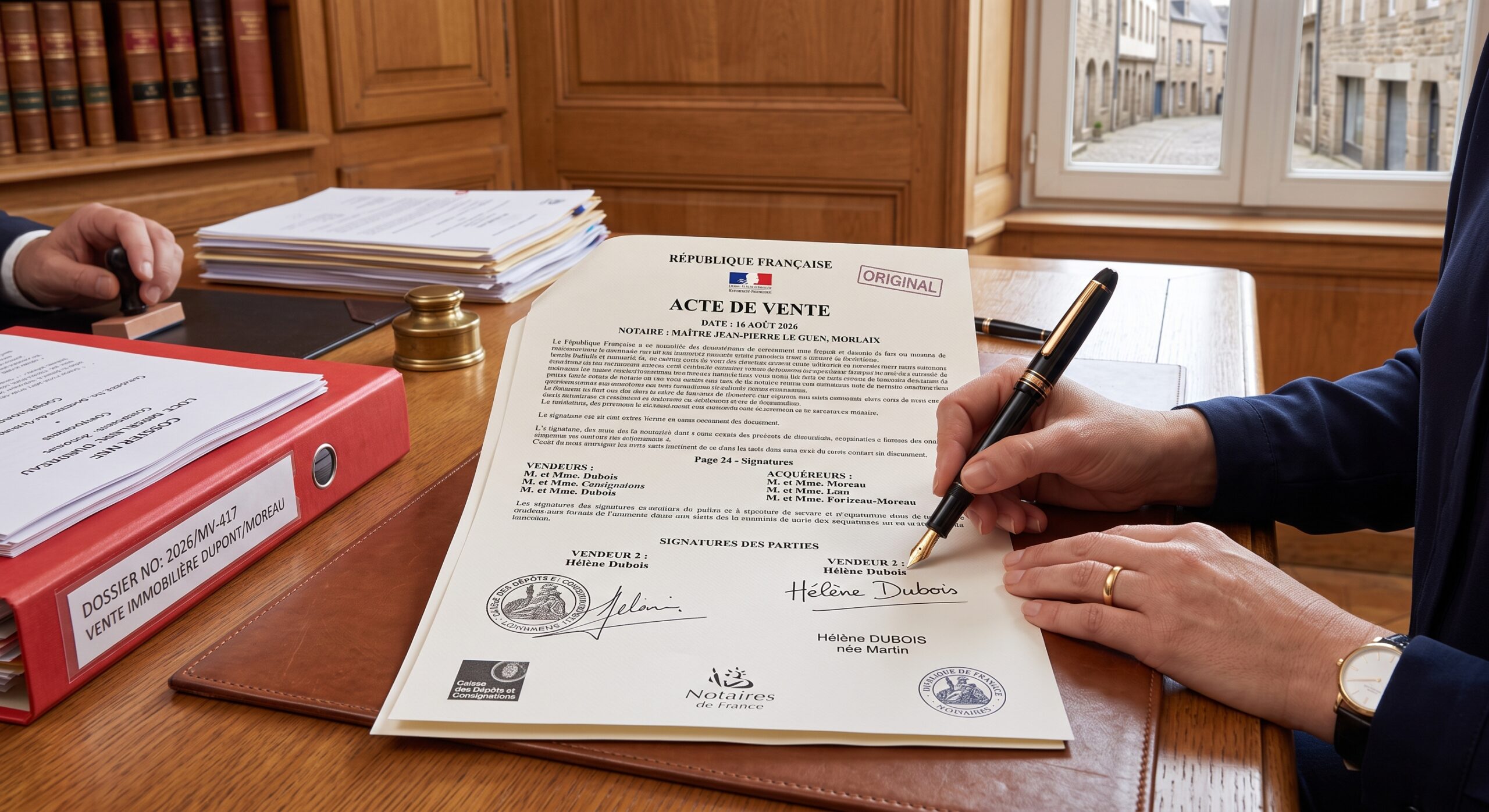Signature d'un compromis de vente immobilier chez le notaire à Morlaix