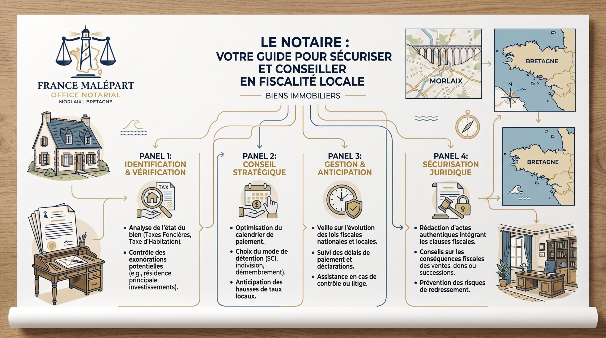 Schema explicatif du conseil fiscal immobilier et des taxes locales etude notaire France Malepart Morlaix 